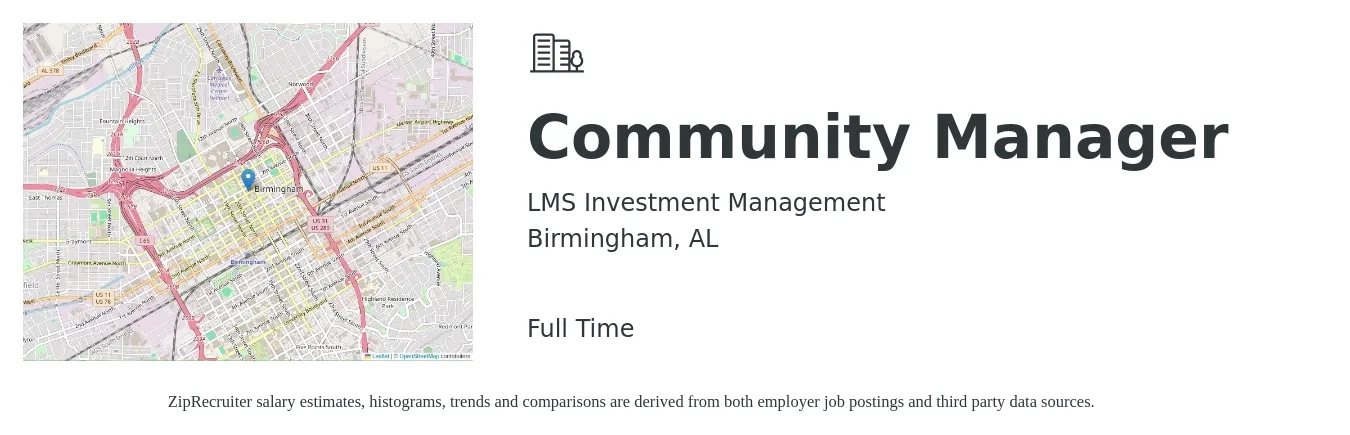 LMS Investment Management job posting for a Community Manager in Birmingham, AL with a salary of $44,000 to $62,800 Yearly with a map of Birmingham location.