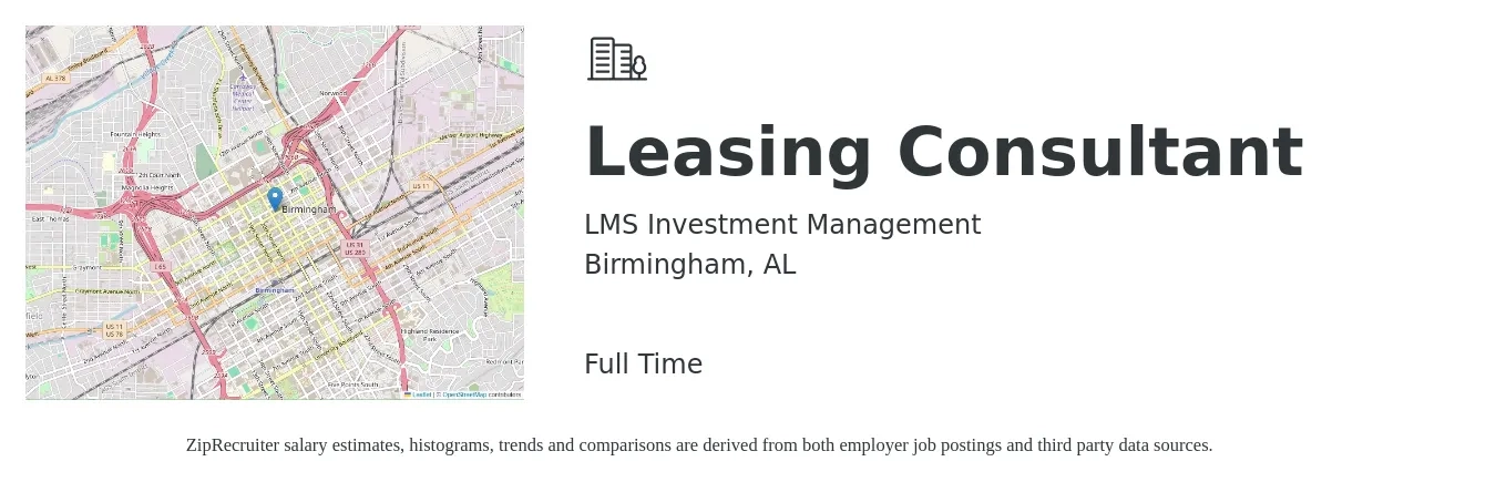 LMS Investment Management job posting for a Leasing Consultant in Birmingham, AL with a salary of $16 to $18 Hourly with a map of Birmingham location.