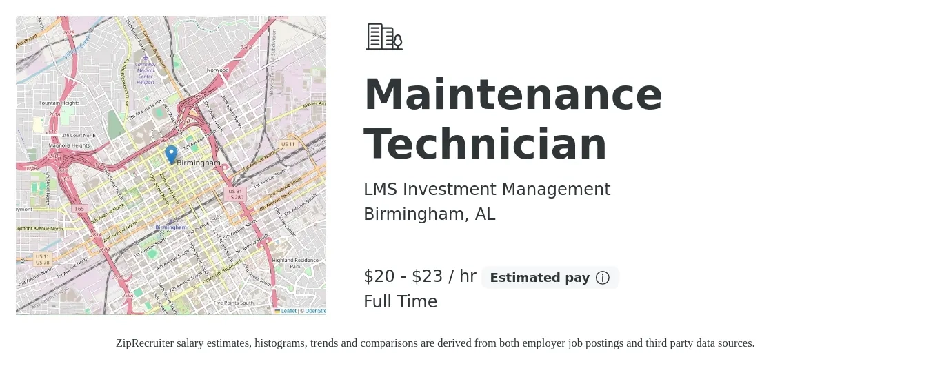 LMS Investment Management job posting for a Maintenance Technician in Birmingham, AL with a salary of $18 to $25 Hourly with a map of Birmingham location.