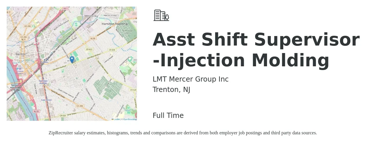 LMT Mercer Group Inc job posting for a Asst Shift Supervisor -Injection Molding in Trenton, NJ with a map of Trenton location.