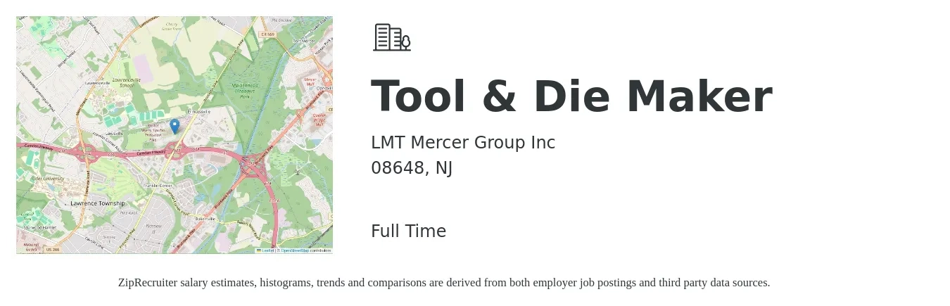 LMT Mercer Group Inc job posting for a Tool & Die Maker in 08648, NJ with a salary of $28 to $35 Hourly with a map of 08648 location.