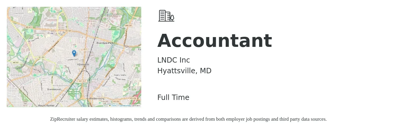 LNDC Inc job posting for a Accountant in Hyattsville, MD with a salary of $75,000 to $120,000 Yearly with a map of Hyattsville location.