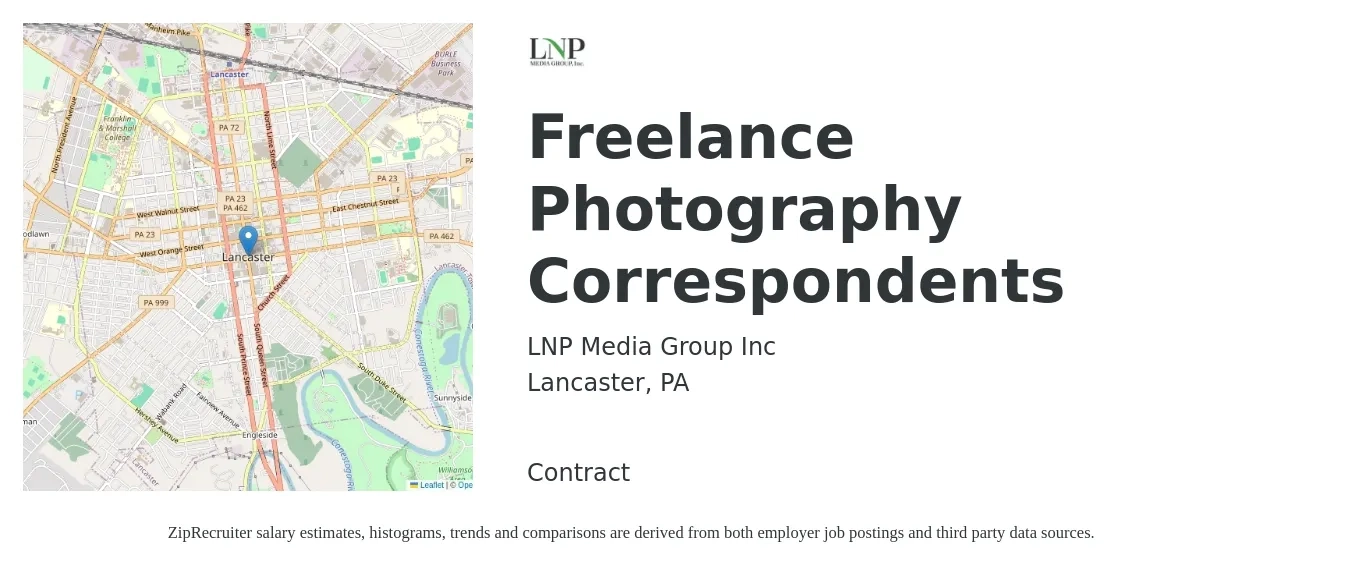 LNP Media Group Inc job posting for a Freelance Photography Correspondents in Lancaster, PA with a salary of $61 to $69 Hourly with a map of Lancaster location.