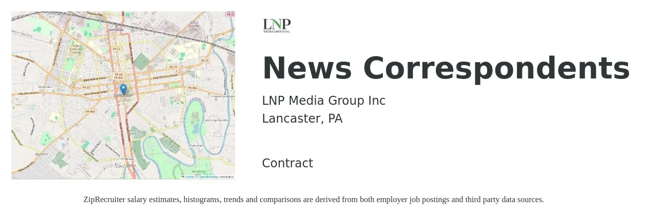 LNP Media Group Inc job posting for a News Correspondents in Lancaster, PA with a salary of $19 to $23 Hourly with a map of Lancaster location.