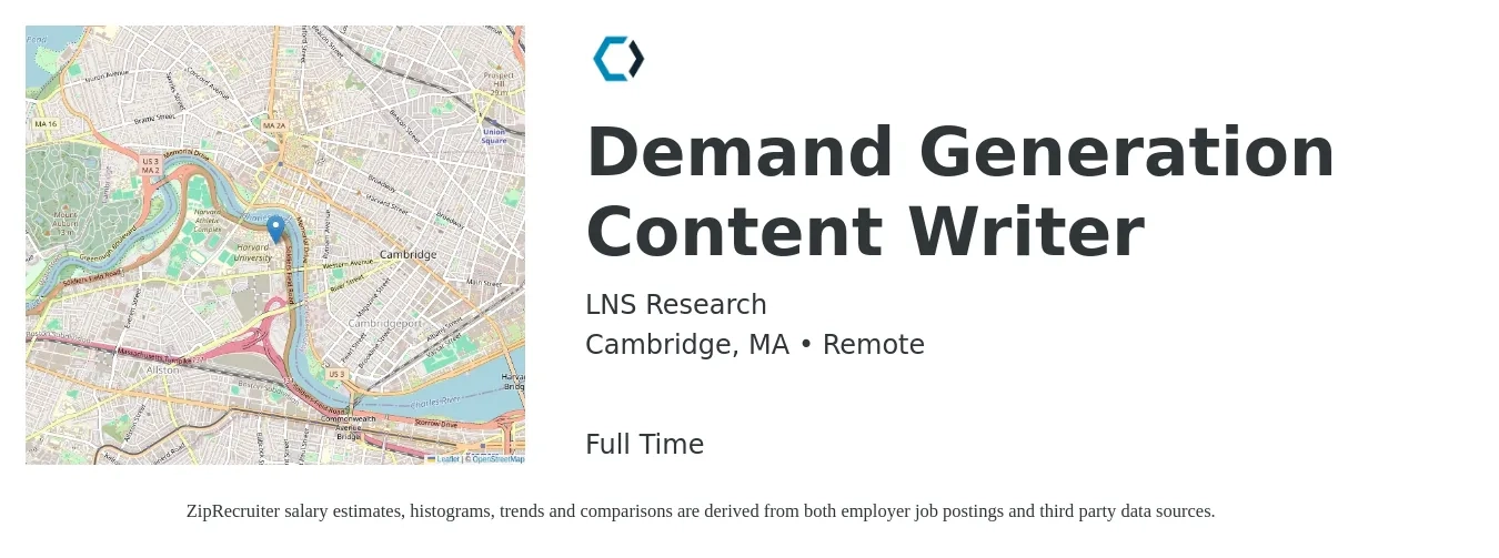 LNS Research job posting for a Demand Generation Content Writer in Cambridge, MA with a salary of $80,000 to $100,000 Yearly with a map of Cambridge location.