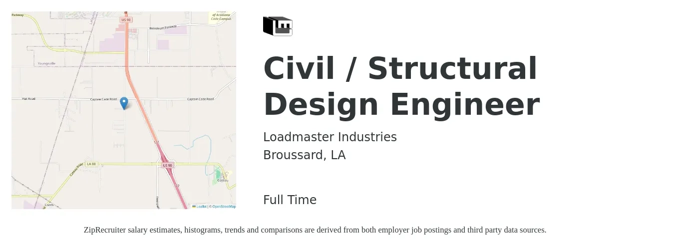 Loadmaster Industries job posting for a Civil / Structural Design Engineer in Broussard, LA with a salary of $61,300 to $100,600 Yearly with a map of Broussard location.