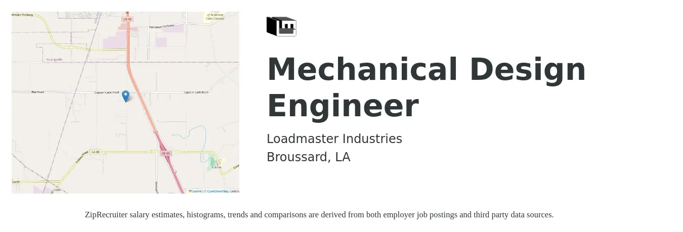 Loadmaster Industries job posting for a Mechanical Design Engineer in Broussard, LA with a salary of $60,900 to $82,600 Yearly with a map of Broussard location.
