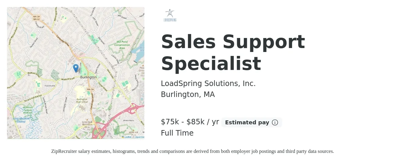 LoadSpring Solutions, Inc. job posting for a Sales Support Specialist in Burlington, MA with a salary of $75,000 to $85,000 Yearly with a map of Burlington location.