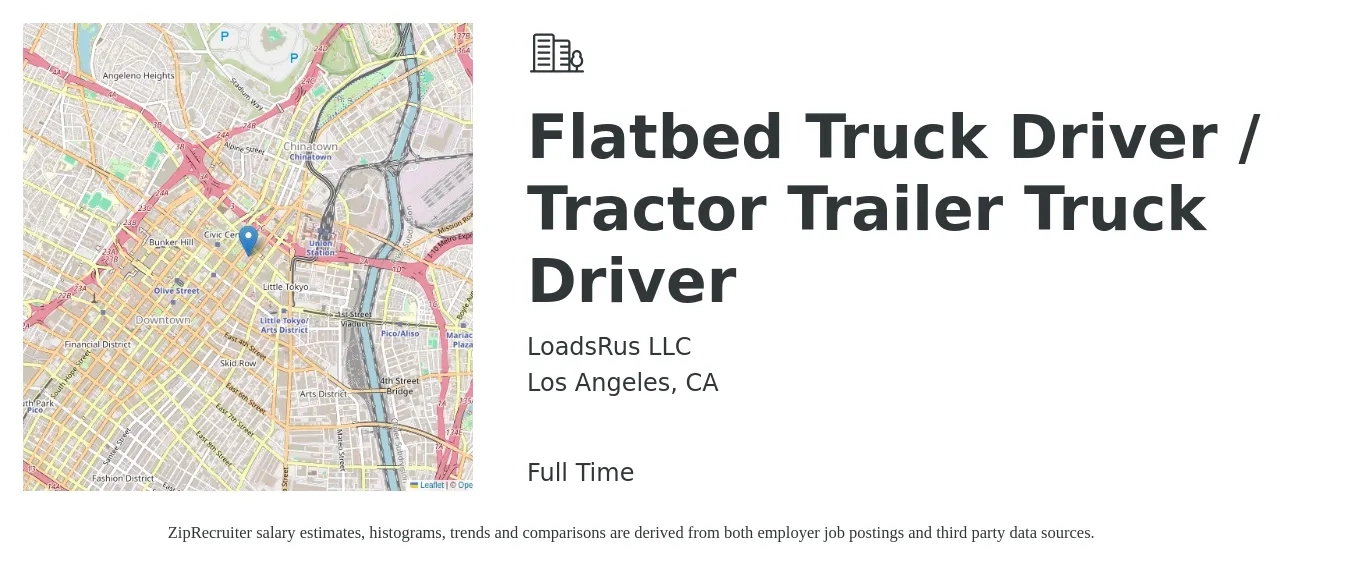 LoadsRus LLC job posting for a Flatbed Truck Driver / Tractor Trailer Truck Driver in Los Angeles, CA with a salary of $15,000 to $50,000 Monthly with a map of Los Angeles location.