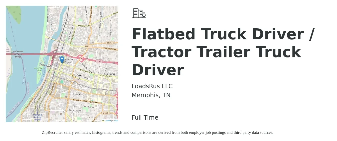 LoadsRus LLC job posting for a Flatbed Truck Driver / Tractor Trailer Truck Driver in Memphis, TN with a salary of $15,000 to $50,000 Monthly with a map of Memphis location.