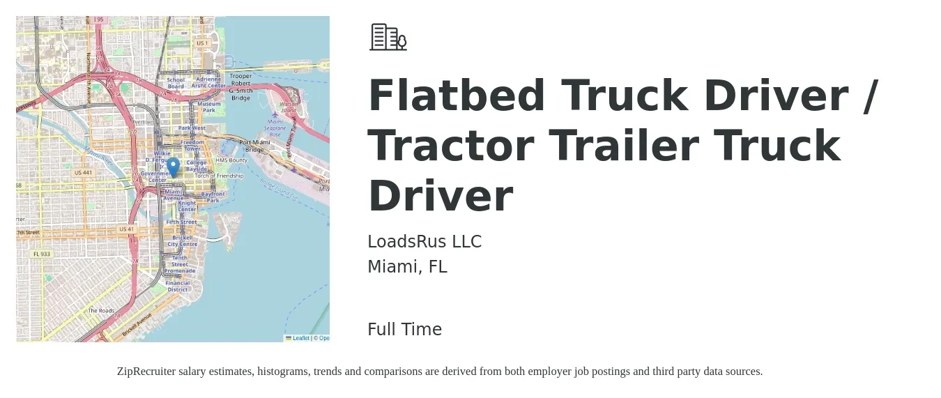 LoadsRus LLC job posting for a Flatbed Truck Driver / Tractor Trailer Truck Driver in Miami, FL with a salary of $15,000 to $50,000 Monthly with a map of Miami location.