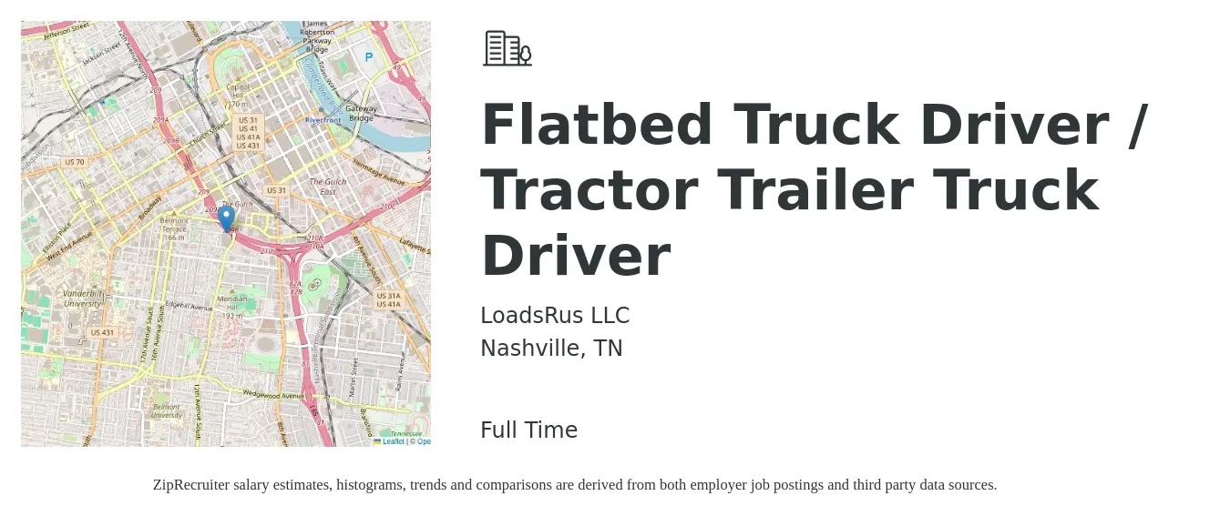 LoadsRus LLC job posting for a Flatbed Truck Driver / Tractor Trailer Truck Driver in Nashville, TN with a salary of $15,000 to $50,000 Monthly with a map of Nashville location.