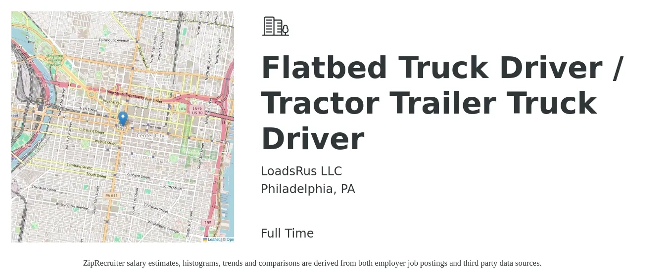 LoadsRus LLC job posting for a Flatbed Truck Driver / Tractor Trailer Truck Driver in Philadelphia, PA with a salary of $15,000 to $50,000 Monthly with a map of Philadelphia location.