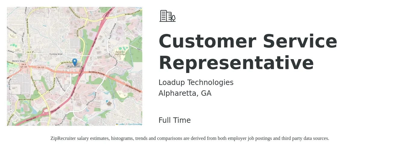 Loadup Technologies job posting for a Customer Service Representative in Alpharetta, GA with a salary of $16 to $21 Hourly with a map of Alpharetta location.
