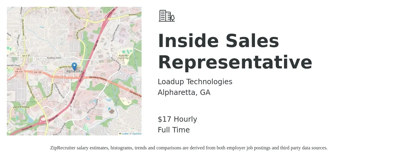 Loadup Technologies job posting for a Inside Sales Representative in Alpharetta, GA with a salary of $37,600 to $56,100 Yearly with a map of Alpharetta location.