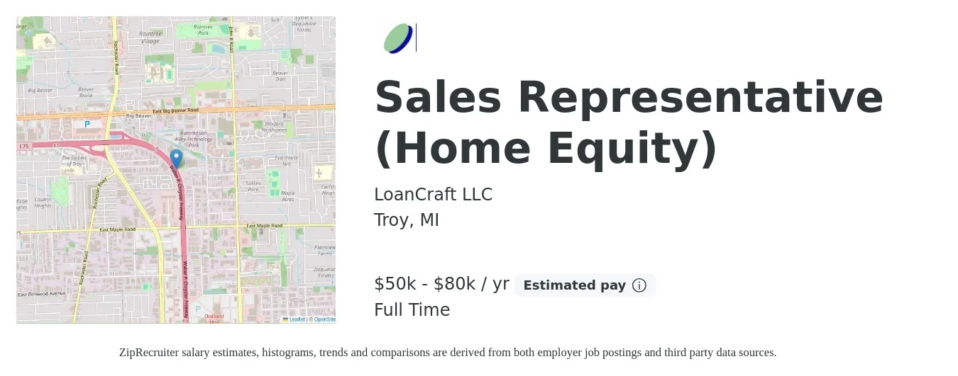 LoanCraft job posting for a Sales Representative (Home Equity) in Troy, MI with a salary of $50,000 to $80,000 Yearly with a map of Troy location.
