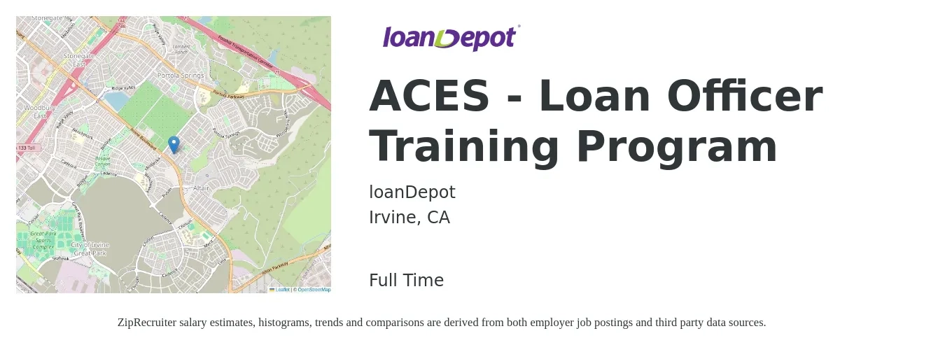 loanDepot job posting for a ACES - Loan Officer Training Program in Irvine, CA with a salary of $20 Hourly with a map of Irvine location.