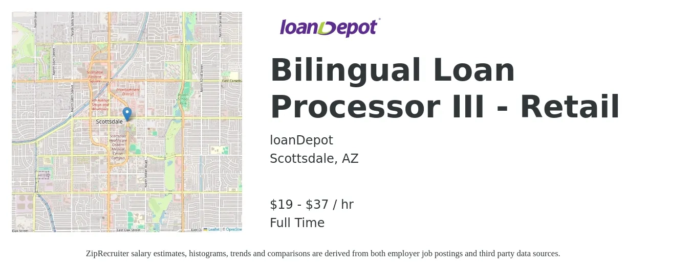 loanDepot job posting for a Bilingual Loan Processor III - Retail in Scottsdale, AZ with a salary of $21 to $39 Hourly with a map of Scottsdale location.
