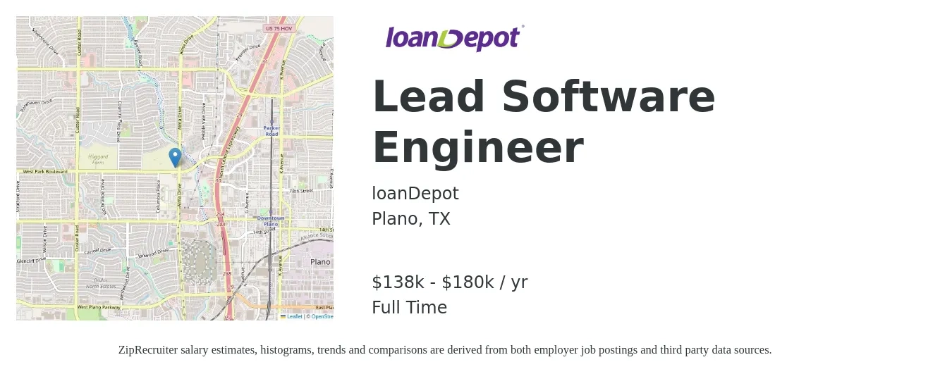 loanDepot job posting for a Lead Software Engineer in Plano, TX with a salary of $138,000 to $180,000 Yearly with a map of Plano location.
