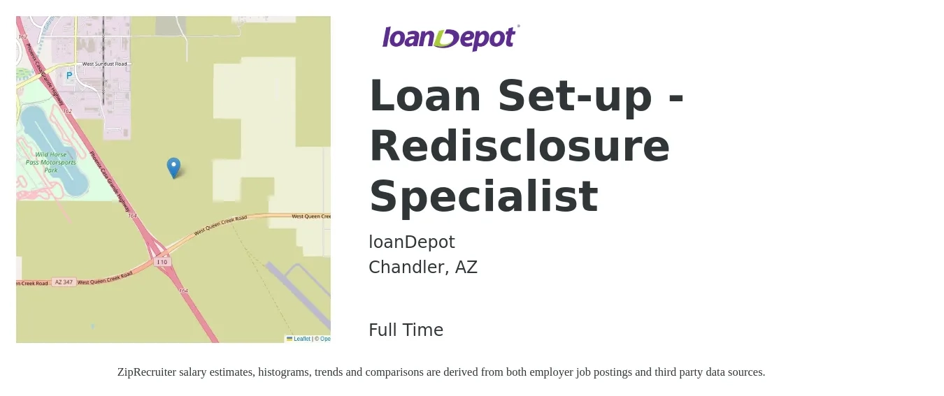 loanDepot job posting for a Loan Set-up - Redisclosure Specialist in Chandler, AZ with a salary of $46,300 to $79,600 Yearly with a map of Chandler location.