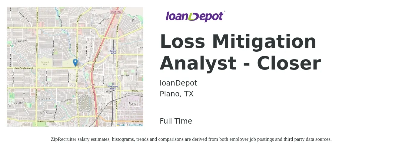 loanDepot job posting for a Loss Mitigation Analyst - Closer in Plano, TX with a salary of $18 to $27 Hourly with a map of Plano location.