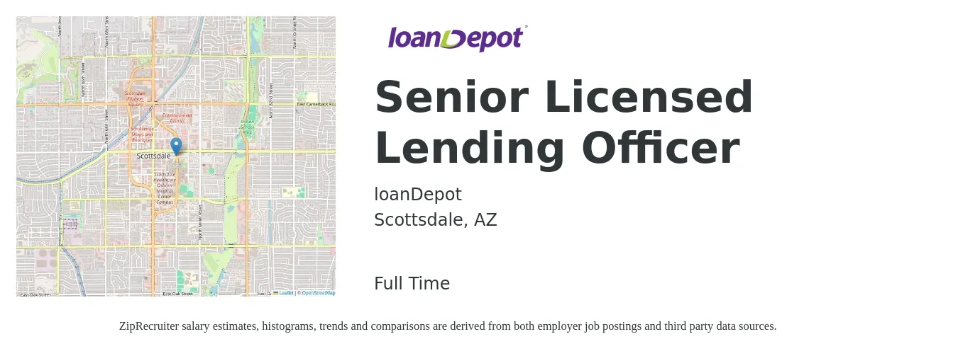 loanDepot job posting for a Senior Licensed Lending Officer in Scottsdale, AZ with a salary of $14 Hourly with a map of Scottsdale location.