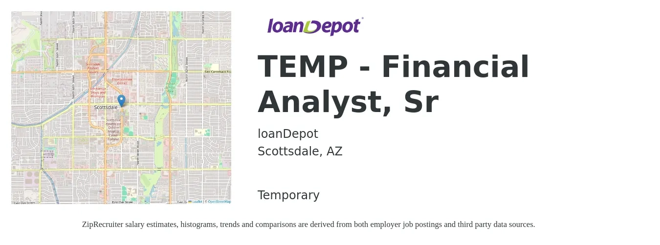 loanDepot job posting for a TEMP - Financial Analyst, Sr in Scottsdale, AZ with a salary of $40 to $50 Hourly with a map of Scottsdale location.