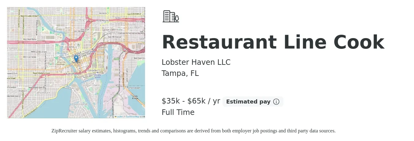 Lobster Haven LLC job posting for a Restaurant Line Cook in Tampa, FL with a salary of $35,000 to $65,000 Yearly with a map of Tampa location.