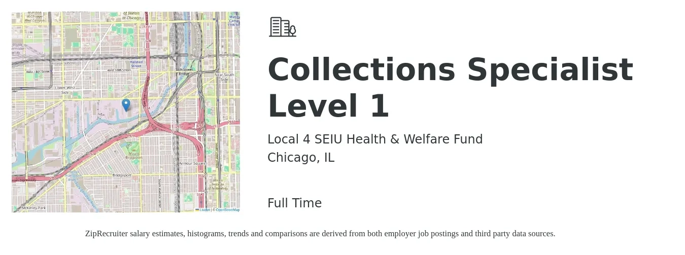 Local 4 SEIU Health & Welfare Fund job posting for a Collections Specialist Level 1 in Chicago, IL with a salary of $19 to $26 Hourly with a map of Chicago location.