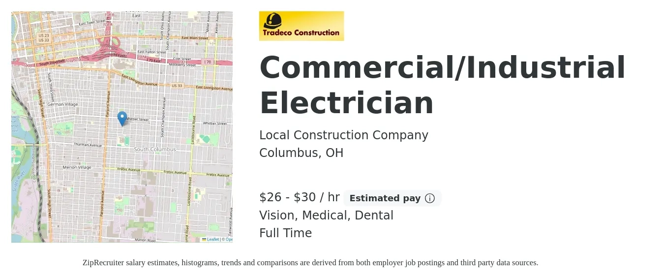Local Construction Company job posting for a Commercial/Industrial Electrician in Columbus, OH with a salary of $28 to $32 Hourly and benefits including dental, medical, retirement, and vision with a map of Columbus location.
