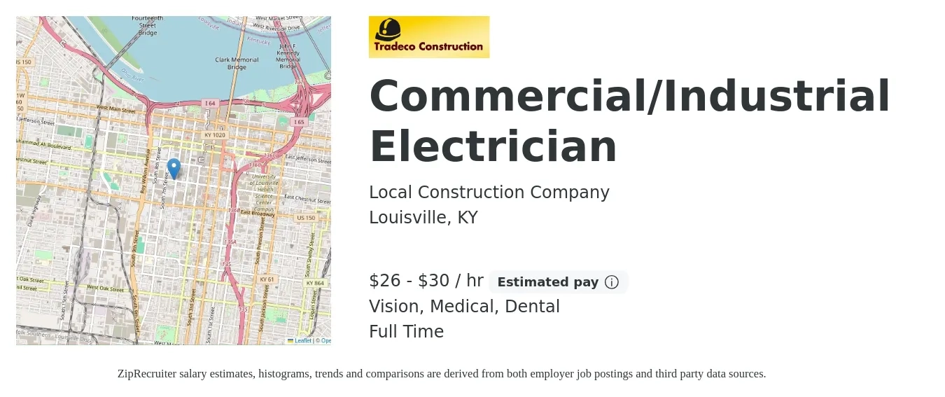 Local Construction Company job posting for a Commercial/Industrial Electrician in Louisville, KY with a salary of $28 to $32 Hourly and benefits including dental, medical, retirement, and vision with a map of Louisville location.