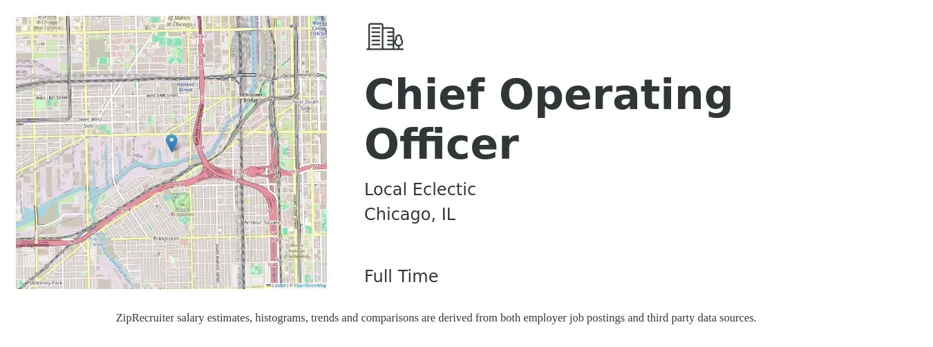 Local Eclectic job posting for a Chief Operating Officer in Chicago, IL with a salary of $115,500 to $191,600 Yearly with a map of Chicago location.