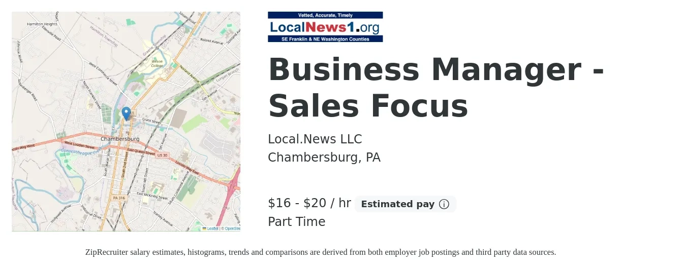 Local.News LLC job posting for a Business Manager - Sales Focus in Chambersburg, PA with a salary of $17 to $21 Hourly (plus commission) with a map of Chambersburg location.