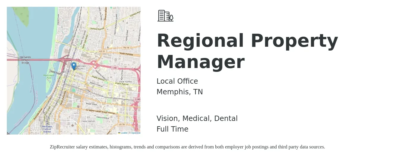 Local Office job posting for a Regional Property Manager in Memphis, TN with a salary of $75,800 to $102,000 Yearly and benefits including vision, dental, life_insurance, medical, and retirement with a map of Memphis location.
