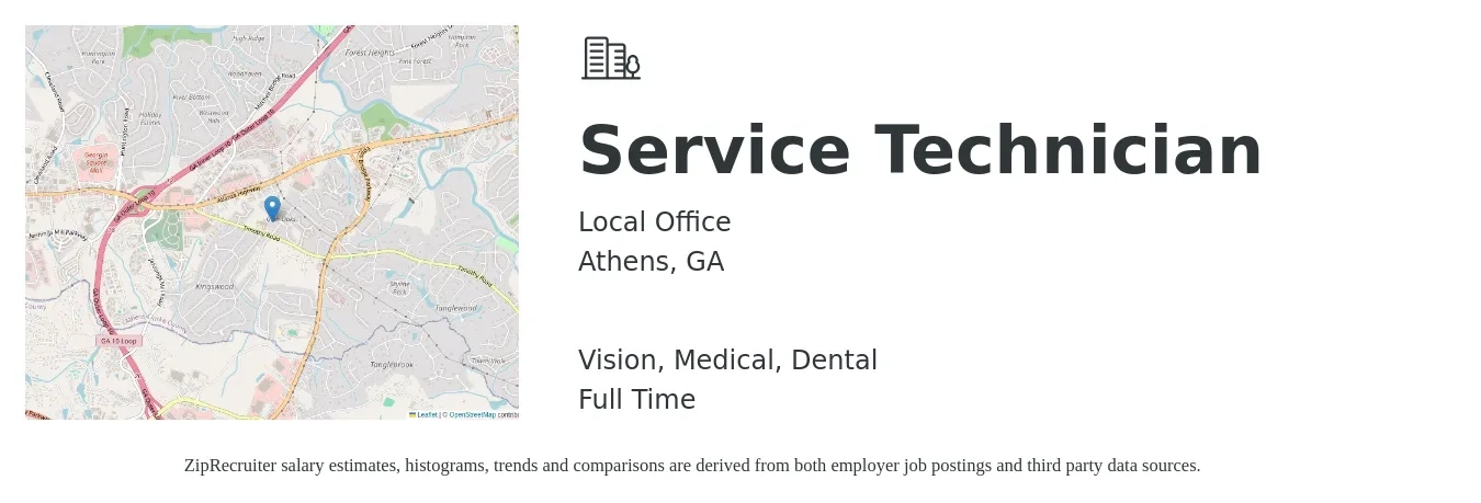 Local Office job posting for a Service Technician in Athens, GA with a salary of $19 to $27 Hourly and benefits including retirement, vision, dental, life_insurance, and medical with a map of Athens location.