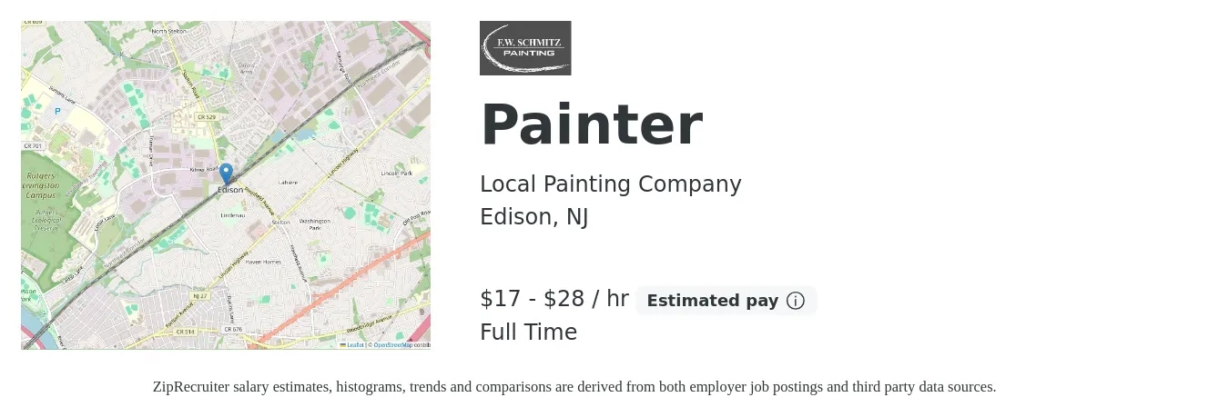 Local Painting Company job posting for a Painter in Edison, NJ with a salary of $18 to $30 Hourly with a map of Edison location.