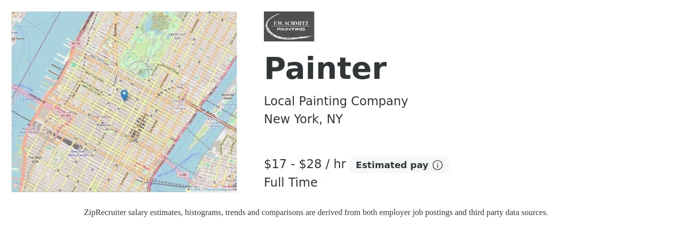 Local Painting Company job posting for a Painter in New York, NY with a salary of $18 to $30 Hourly with a map of New York location.