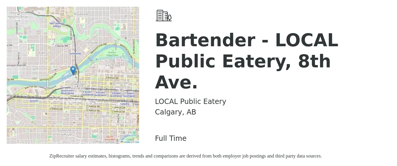 LOCAL Public Eatery job posting for a Bartender - LOCAL Public Eatery, 8th Ave in Calgary, AB with a map of Calgary location.