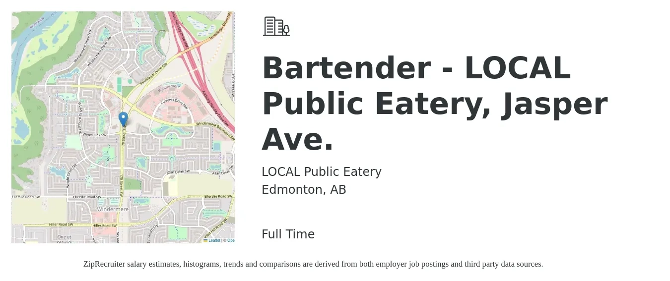 LOCAL Public Eatery job posting for a Bartender - LOCAL Public Eatery, Jasper Ave. in Edmonton, AB with a map of Edmonton location.