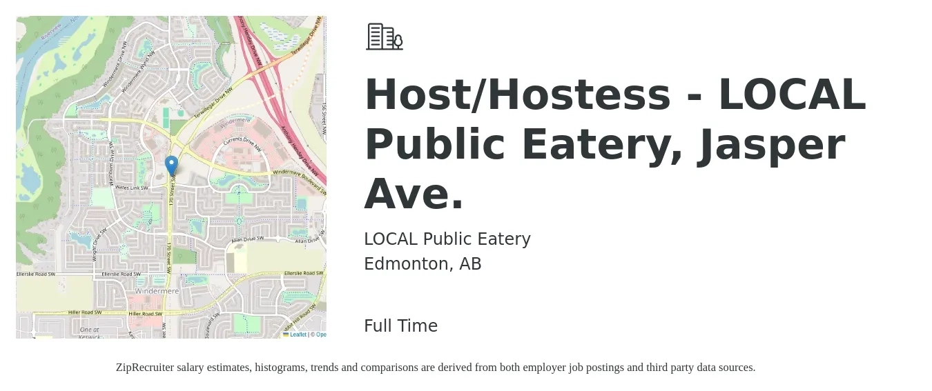 LOCAL Public Eatery job posting for a Host/Hostess - LOCAL Public Eatery, Jasper Ave. in Edmonton, AB with a map of Edmonton location.