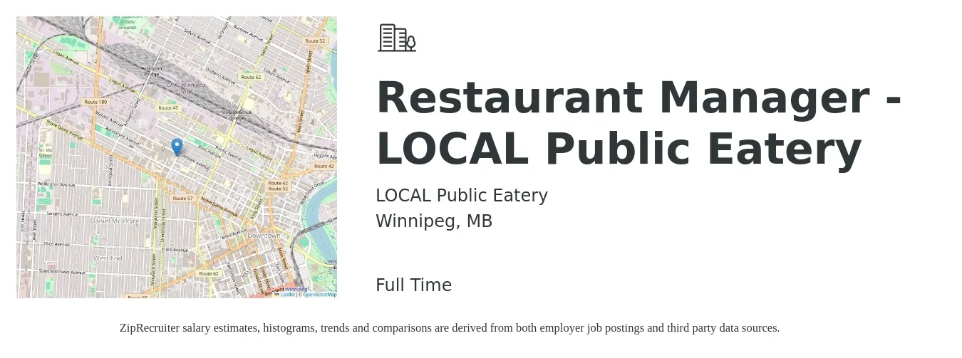 LOCAL Public Eatery job posting for a Restaurant Manager - LOCAL Public Eatery in Winnipeg, MB with a map of Winnipeg location.
