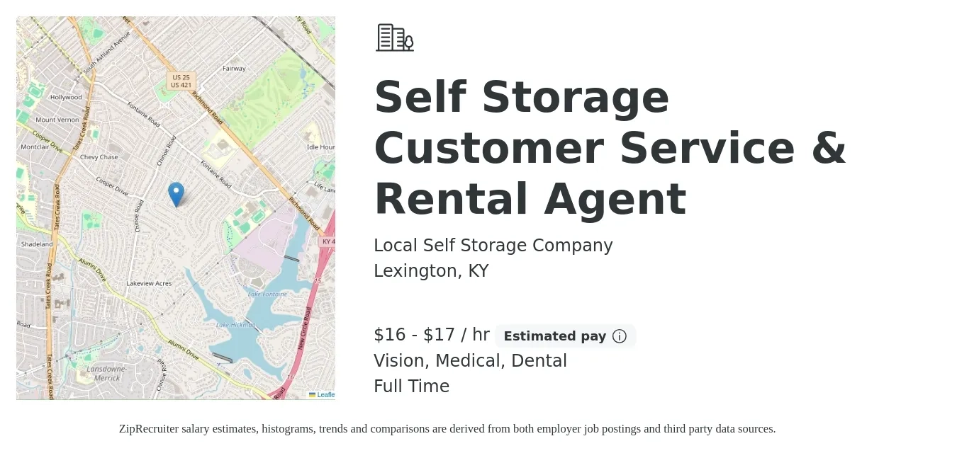 Local Self Storage Company job posting for a Self Storage Customer Service & Rental Agent in Lexington, KY with a salary of $17 to $18 Hourly and benefits including medical, pto, retirement, vision, dental, and life_insurance with a map of Lexington location.