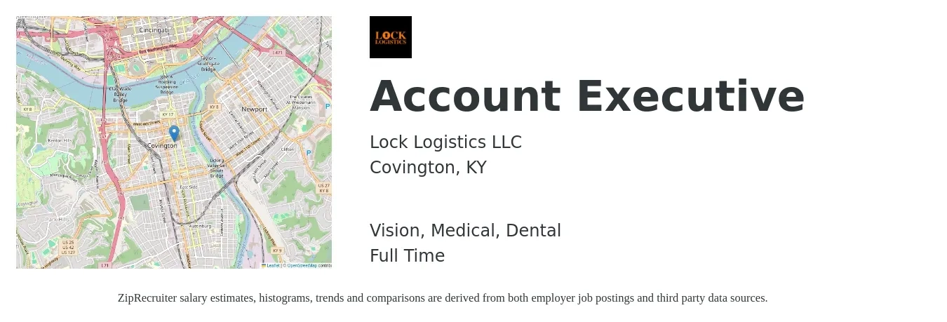 Lock Logistics job posting for a Account Executive in Covington, KY with a salary of $52,400 to $92,200 Yearly and benefits including vision, dental, life_insurance, medical, pto, and retirement with a map of Covington location.