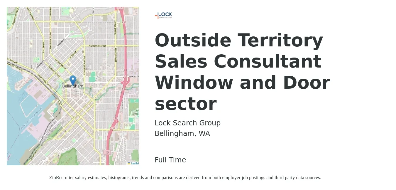 Lock Search Group job posting for a Outside Territory Sales Consultant Window and Door sector in Bellingham, WA with a salary of $47,800 to $95,600 Yearly with a map of Bellingham location.