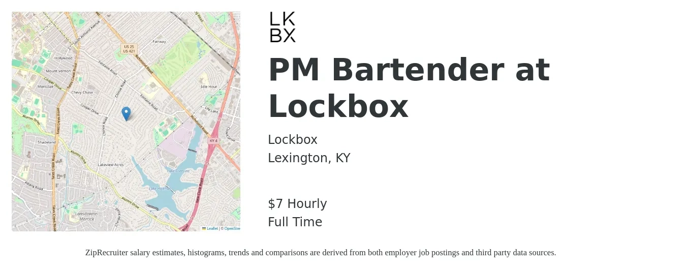 Lockbox job posting for a PM Bartender at Lockbox in Lexington, KY with a salary of $8 Hourly with a map of Lexington location.