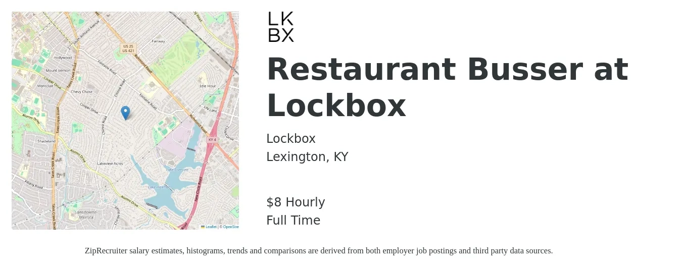 Lockbox job posting for a Restaurant Busser at Lockbox in Lexington, KY with a salary of $9 Hourly with a map of Lexington location.