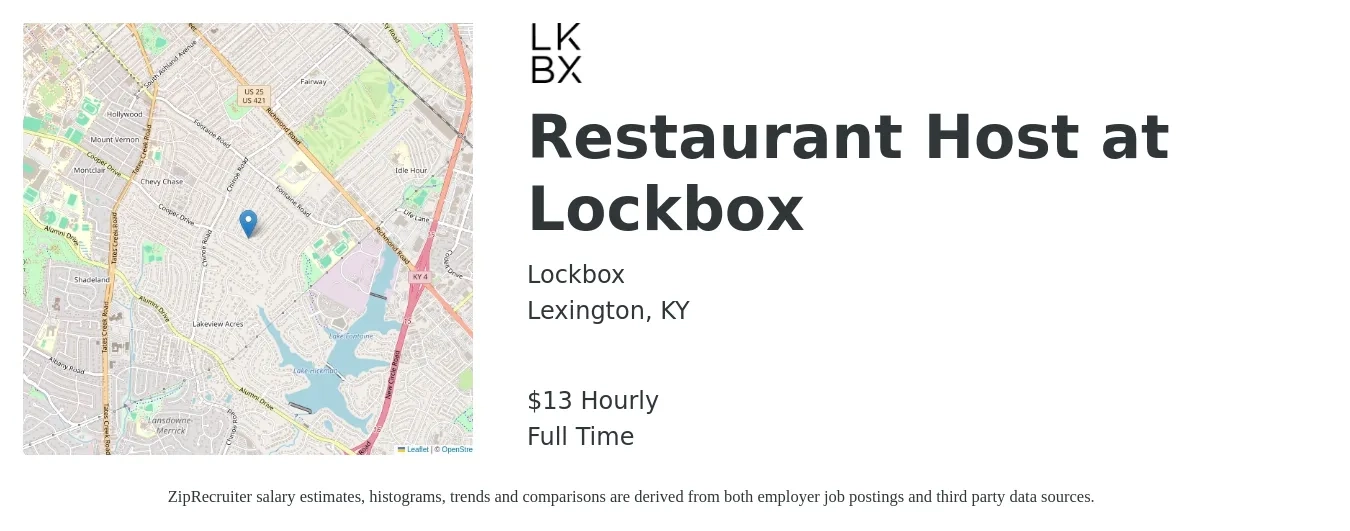 Lockbox job posting for a Restaurant Host at Lockbox in Lexington, KY with a salary of $14 Hourly with a map of Lexington location.