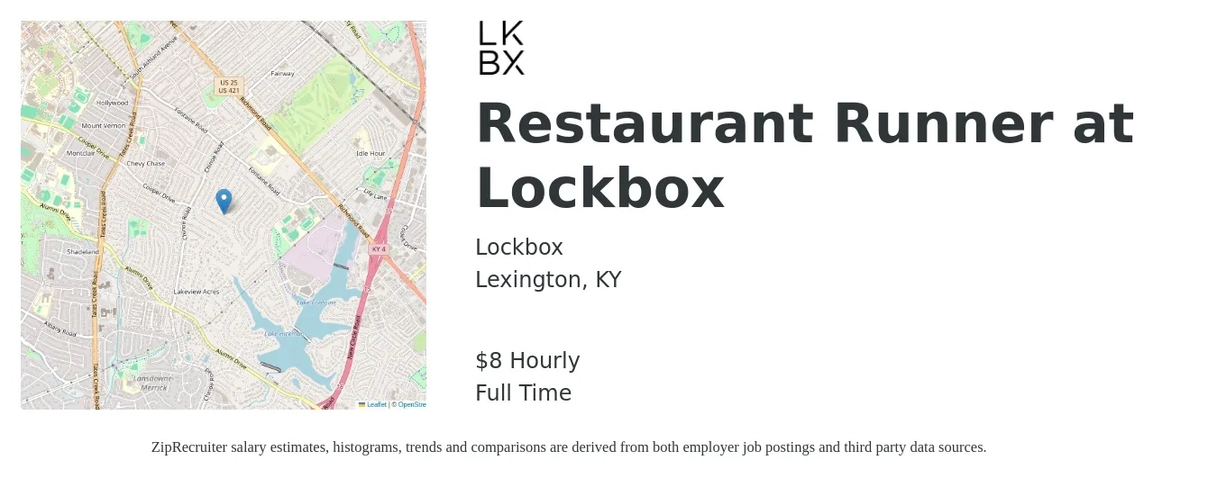 Lockbox job posting for a Restaurant Runner at Lockbox in Lexington, KY with a salary of $9 Hourly with a map of Lexington location.