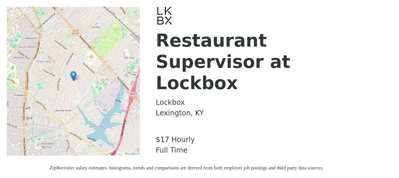 Lockbox job posting for a Restaurant Supervisor at Lockbox in Lexington, KY with a salary of $18 Hourly with a map of Lexington location.