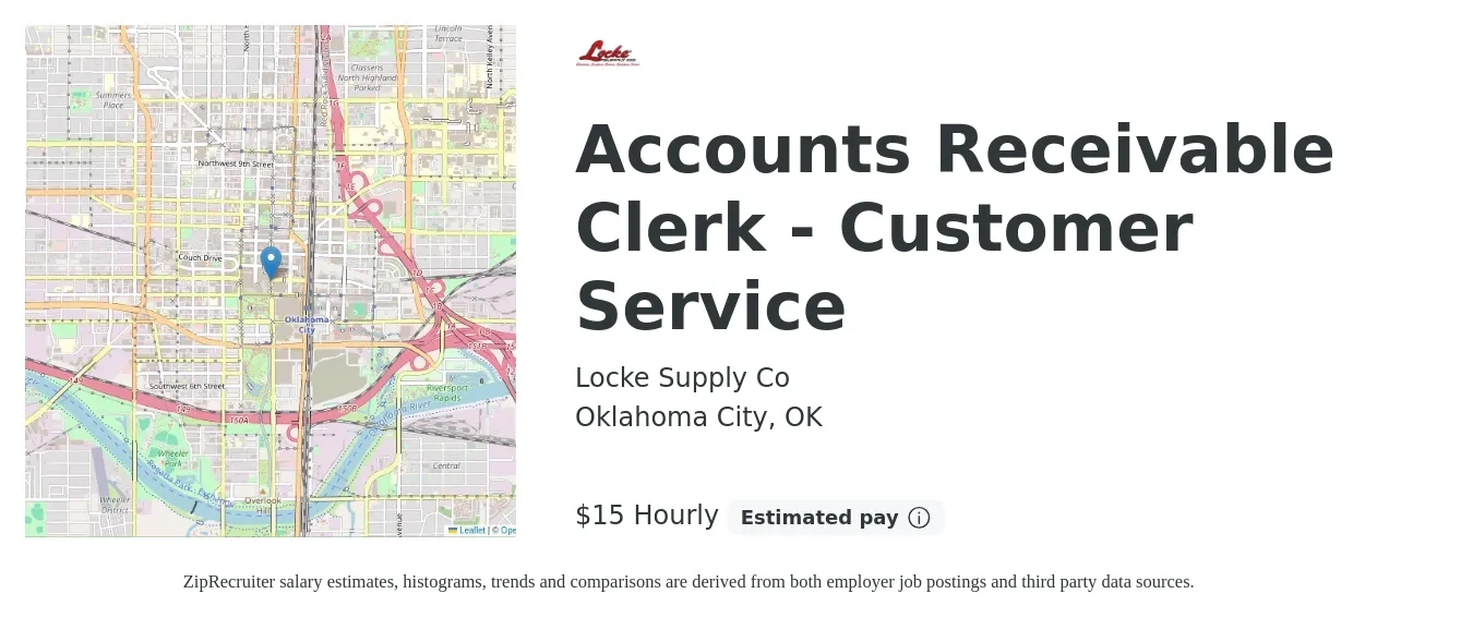 Locke Supply Co job posting for a Accounts Receivable Clerk - Customer Service in Oklahoma City, OK with a salary of $16 to $16 Hourly with a map of Oklahoma City location.